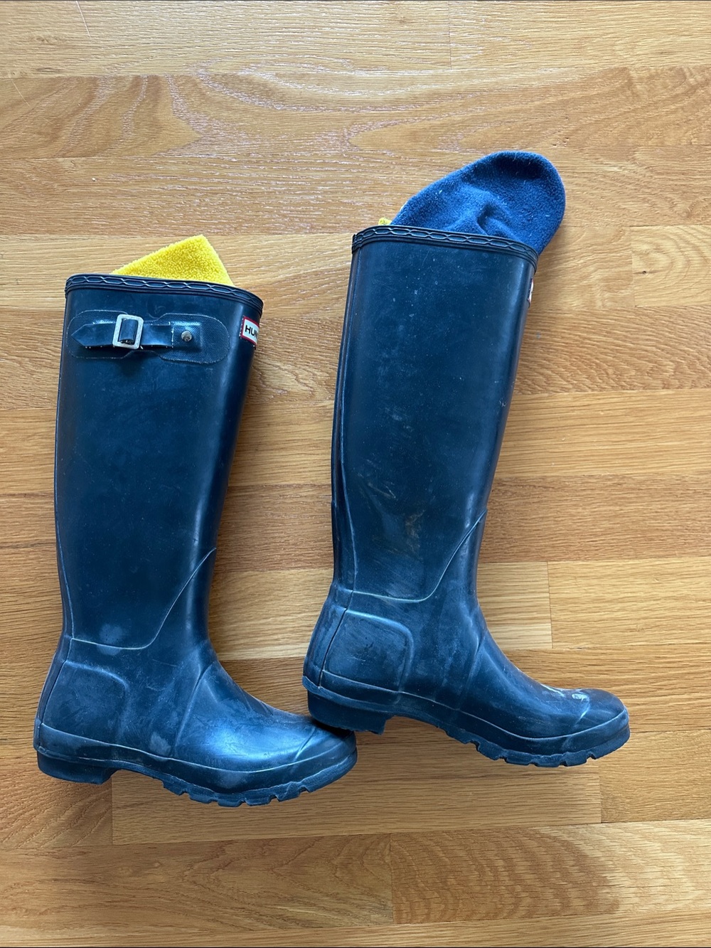 Hunter Navy Tall Rain Boots with Yellow Liner as a gift with purchase